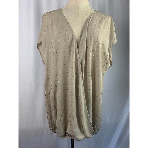 22/24 Lane Bryant Tan Goldtone Jewel Faux Wrap Banded Bottom Top Sheer - Picture 2 of 7